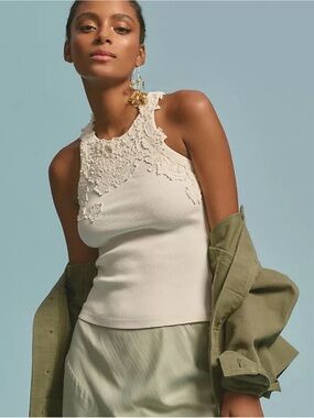 Anthropologie The Pippah Lace Appliqué Ribbed Tank Top